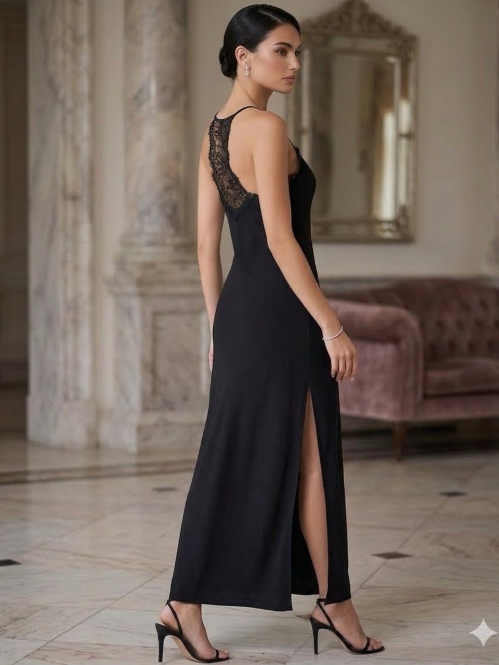 Vintage-Style Black Lace Trim Cami Maxi Dress - Romantic Formal Gown Size Small